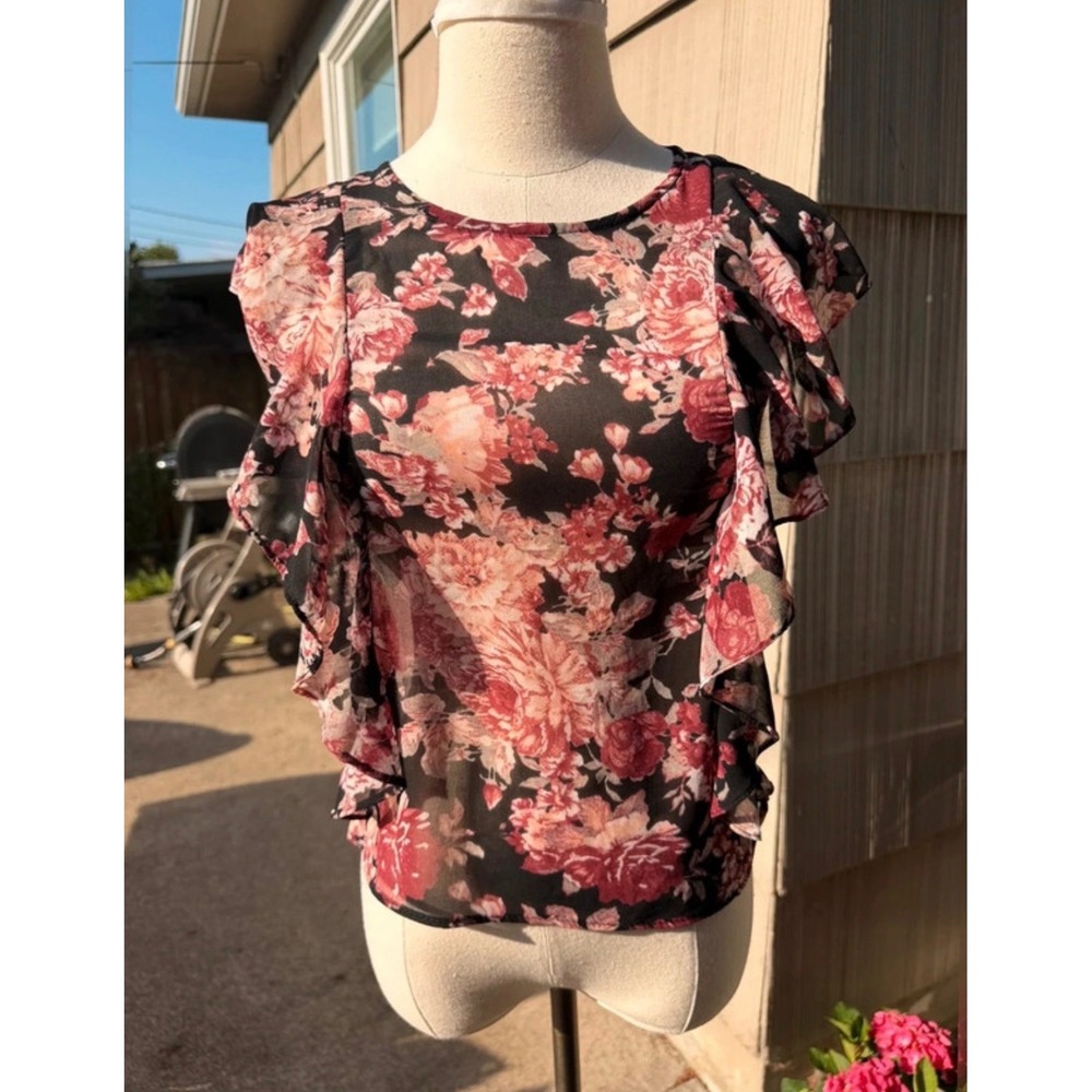 Apt. 9 Womens Floral Blouse Ruffle Flutter Sleeve Crew Neck Black Pink Red L